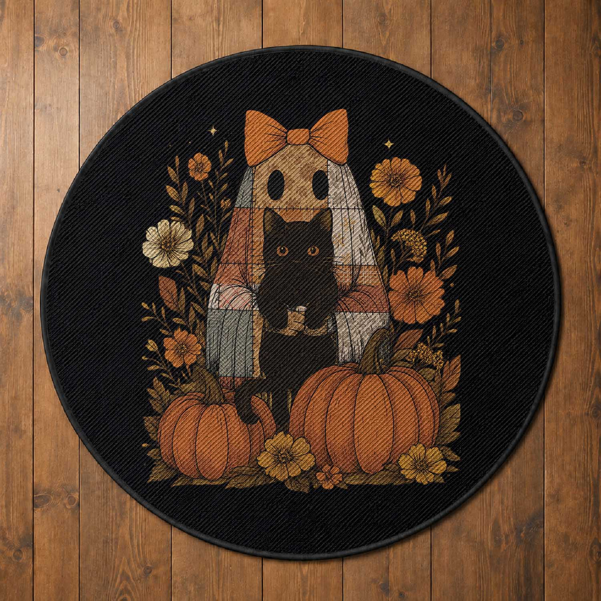Halloween Vintage Patchwork Ghost Holding Black Cat Groovy Floral Round Rug