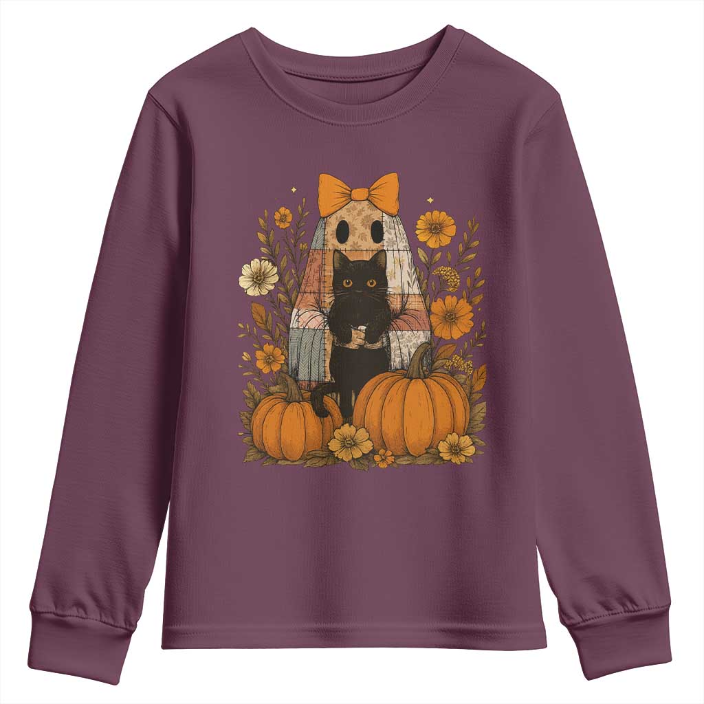 Halloween Vintage Patchwork Ghost Holding Black Cat Groovy Floral Youth Sweatshirt TS11 Maroon Print Your Wear