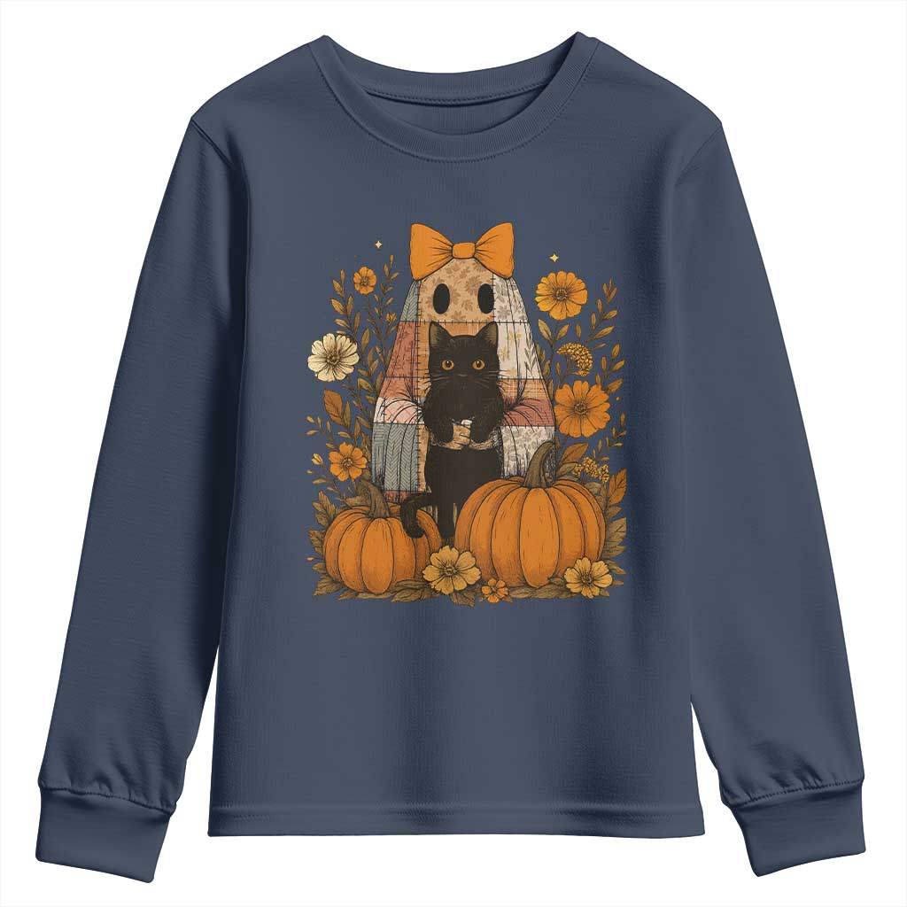 Halloween Vintage Patchwork Ghost Holding Black Cat Groovy Floral Youth Sweatshirt TS11 Navy Print Your Wear