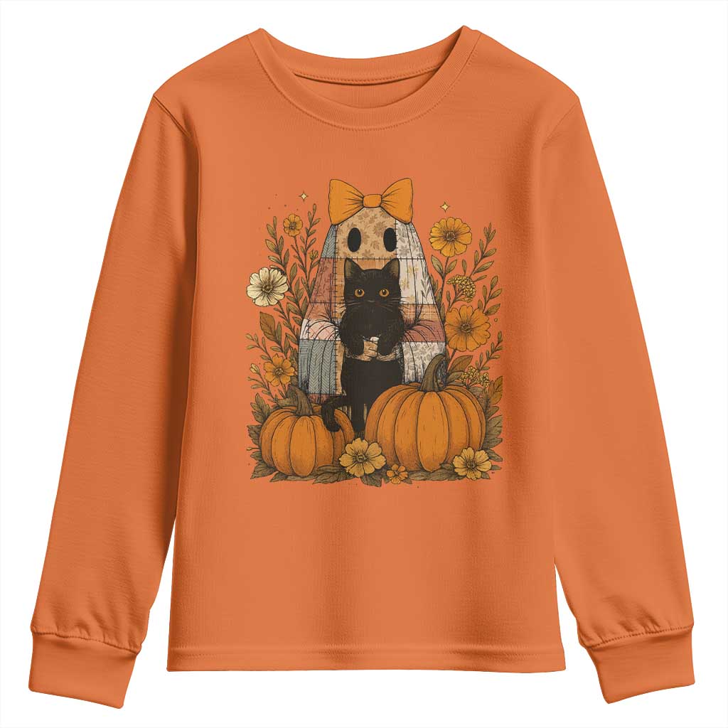Halloween Vintage Patchwork Ghost Holding Black Cat Groovy Floral Youth Sweatshirt TS11 Orange Print Your Wear