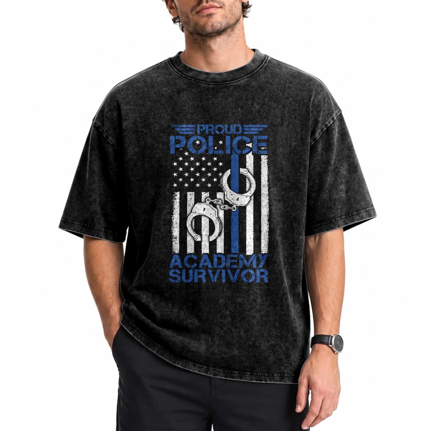Proud Police Academy Survivor Funny Graduation Washed Cotton T-Shirt Vintage American Flag