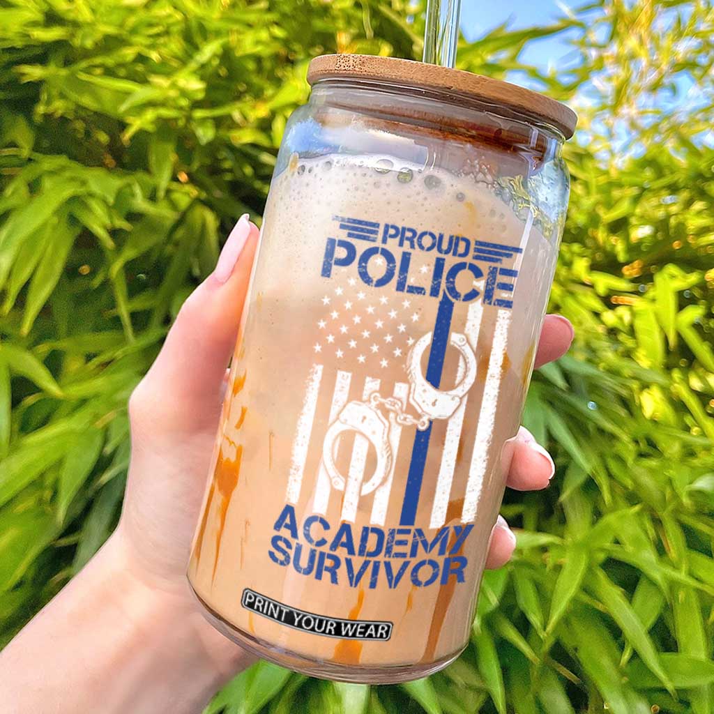 Proud Police Academy Survivor Funny Graduation Glass Can Vintage American Flag