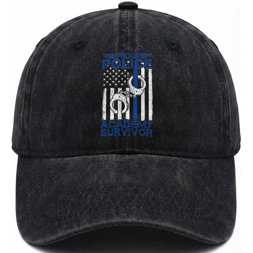 Proud Police Academy Survivor Funny Graduation Washed Cotton Baseball Cap Vintage American Flag