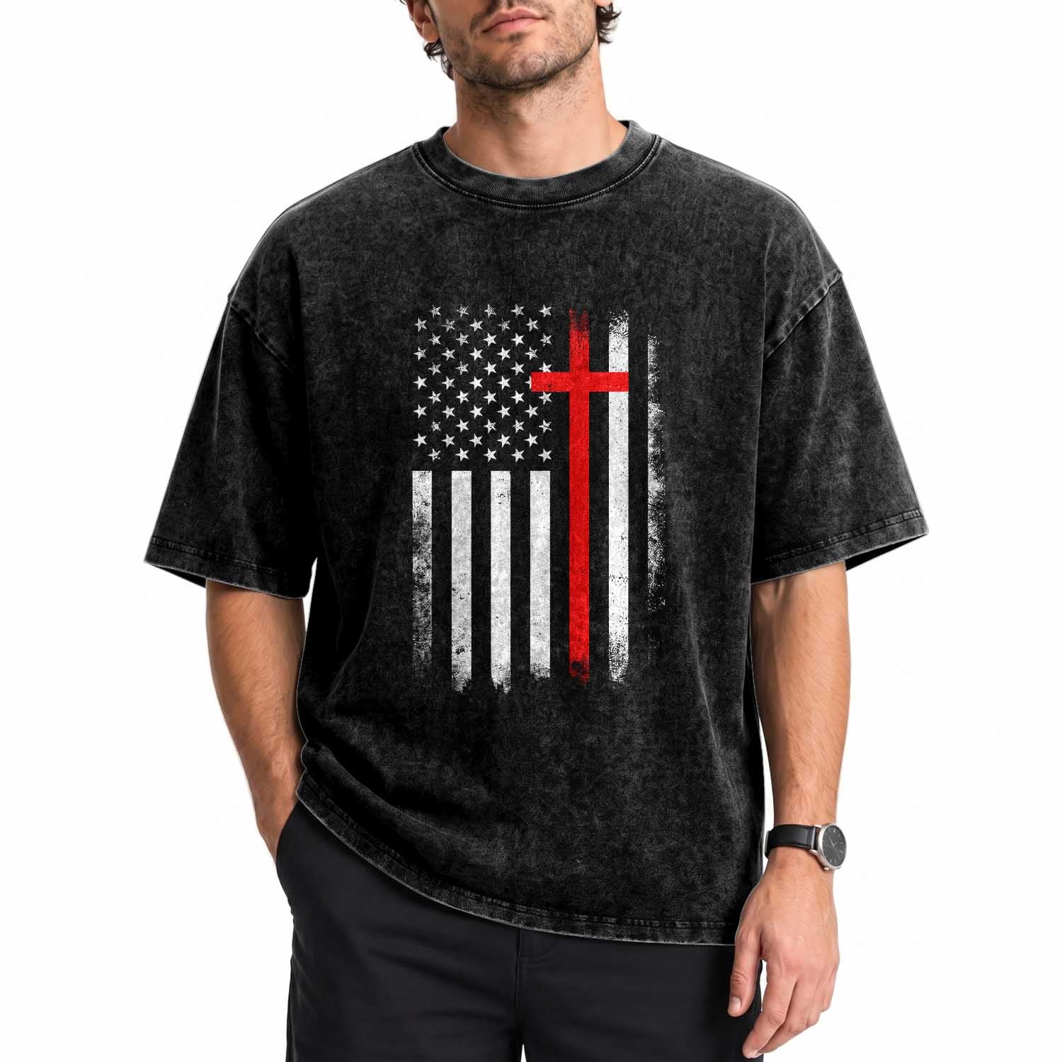 Patriotic Christian Firefighter Vintage American Flag Washed Cotton T-Shirt Proud First Responders