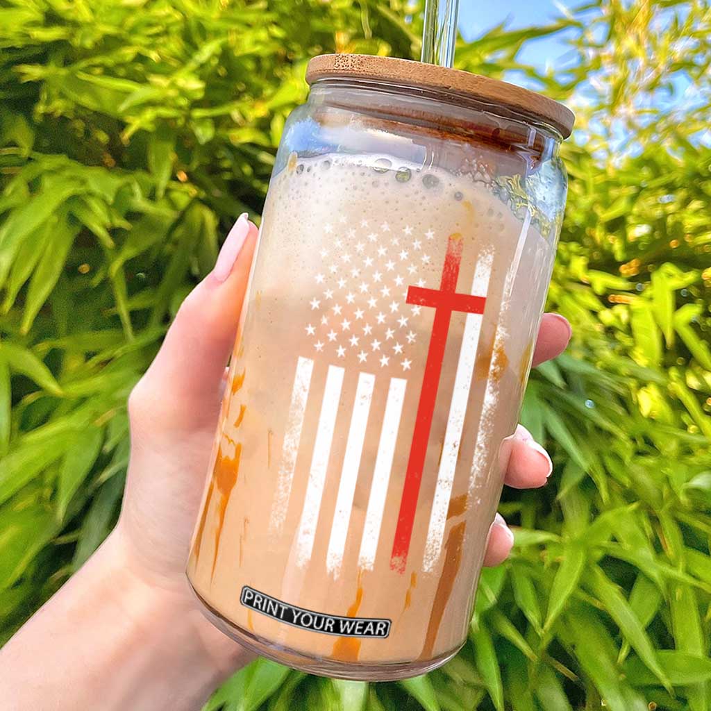 Patriotic Christian Firefighter Vintage American Flag Glass Can Proud First Responders