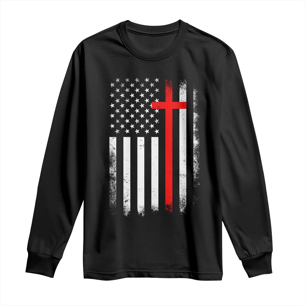 Patriotic Christian Firefighter Vintage American Flag Long Sleeve Shirt Proud First Responders