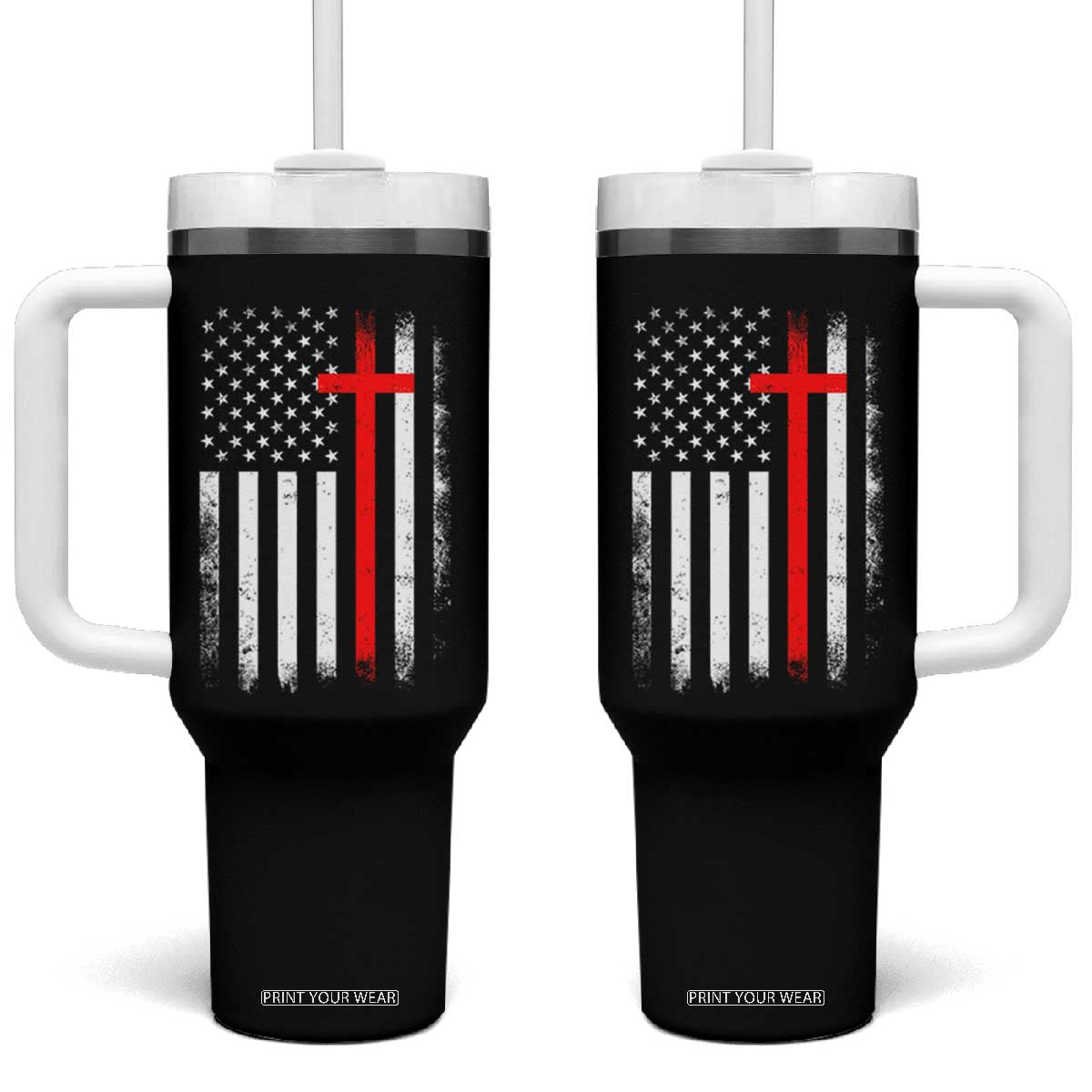 Patriotic Christian Firefighter Vintage American Flag Tumbler With Handle Proud First Responders