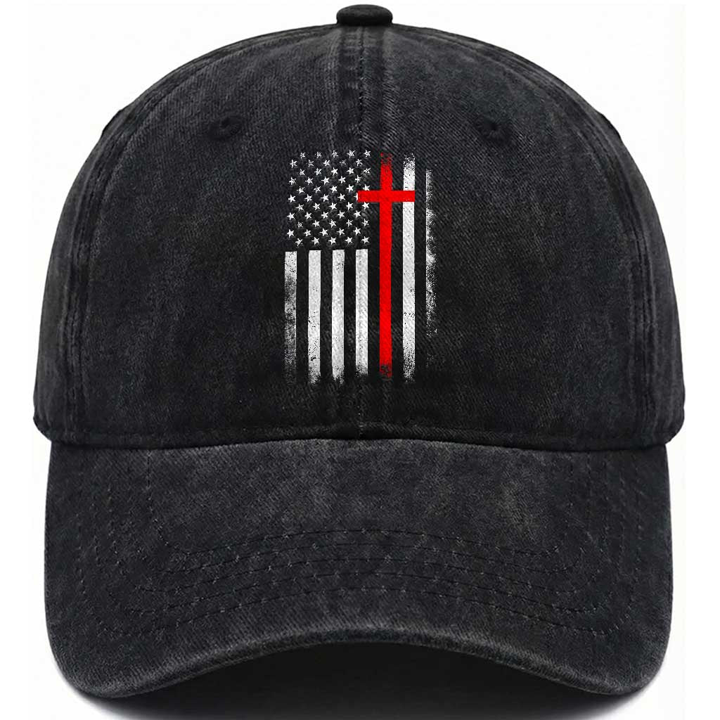 Patriotic Christian Firefighter Vintage American Flag Washed Cotton Baseball Cap Proud First Responders