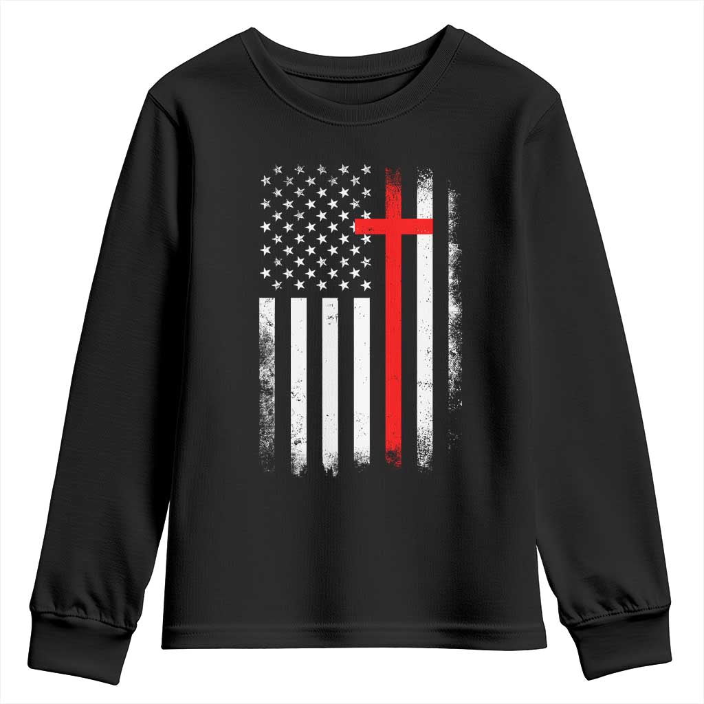 Patriotic Christian Firefighter Vintage American Flag Youth Sweatshirt Proud First Responders