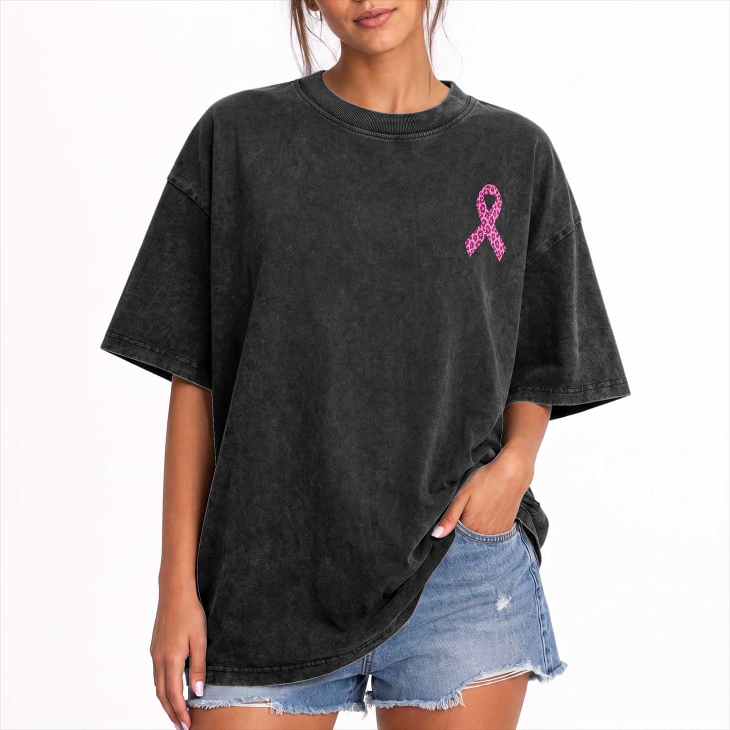 Breast Cancer Awareness Leopard Pink Ribbon Washed Cotton T-Shirt