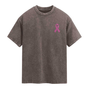 Breast Cancer Awareness Leopard Pink Ribbon Washed Cotton T-Shirt