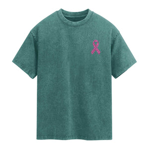 Breast Cancer Awareness Leopard Pink Ribbon Washed Cotton T-Shirt
