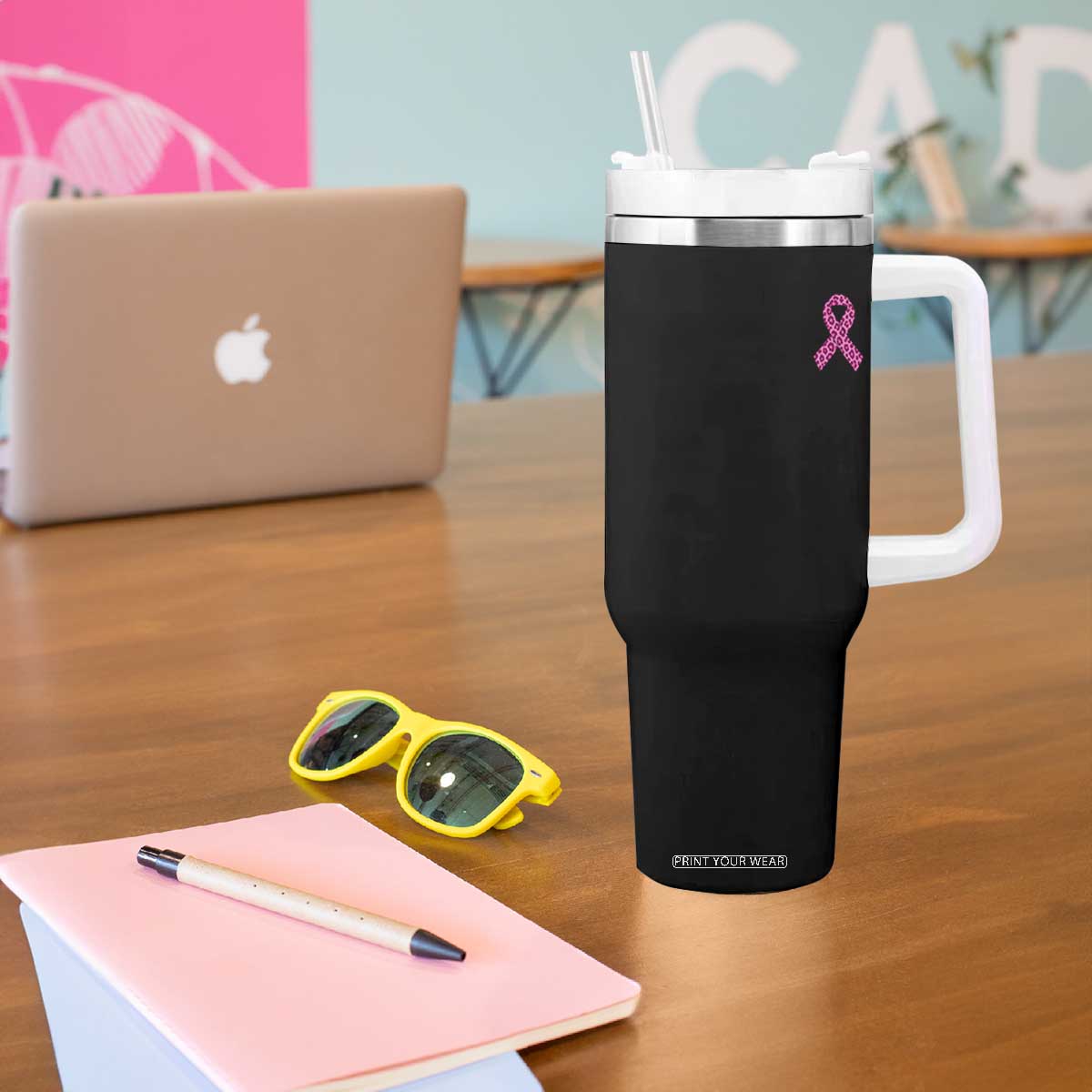Breast Cancer Awareness Leopard Pink Ribbon Tumbler With Handle