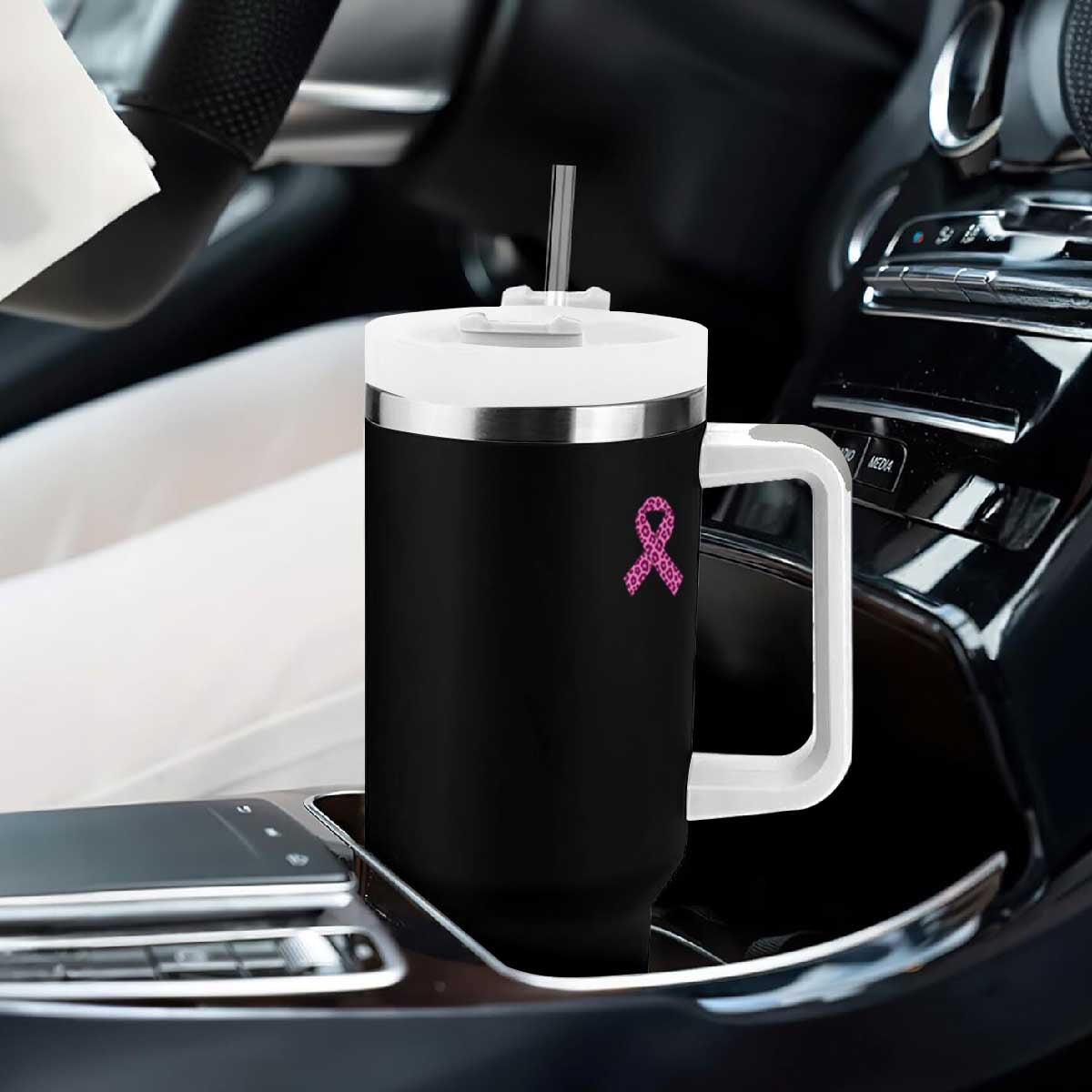 Breast Cancer Awareness Leopard Pink Ribbon Tumbler With Handle