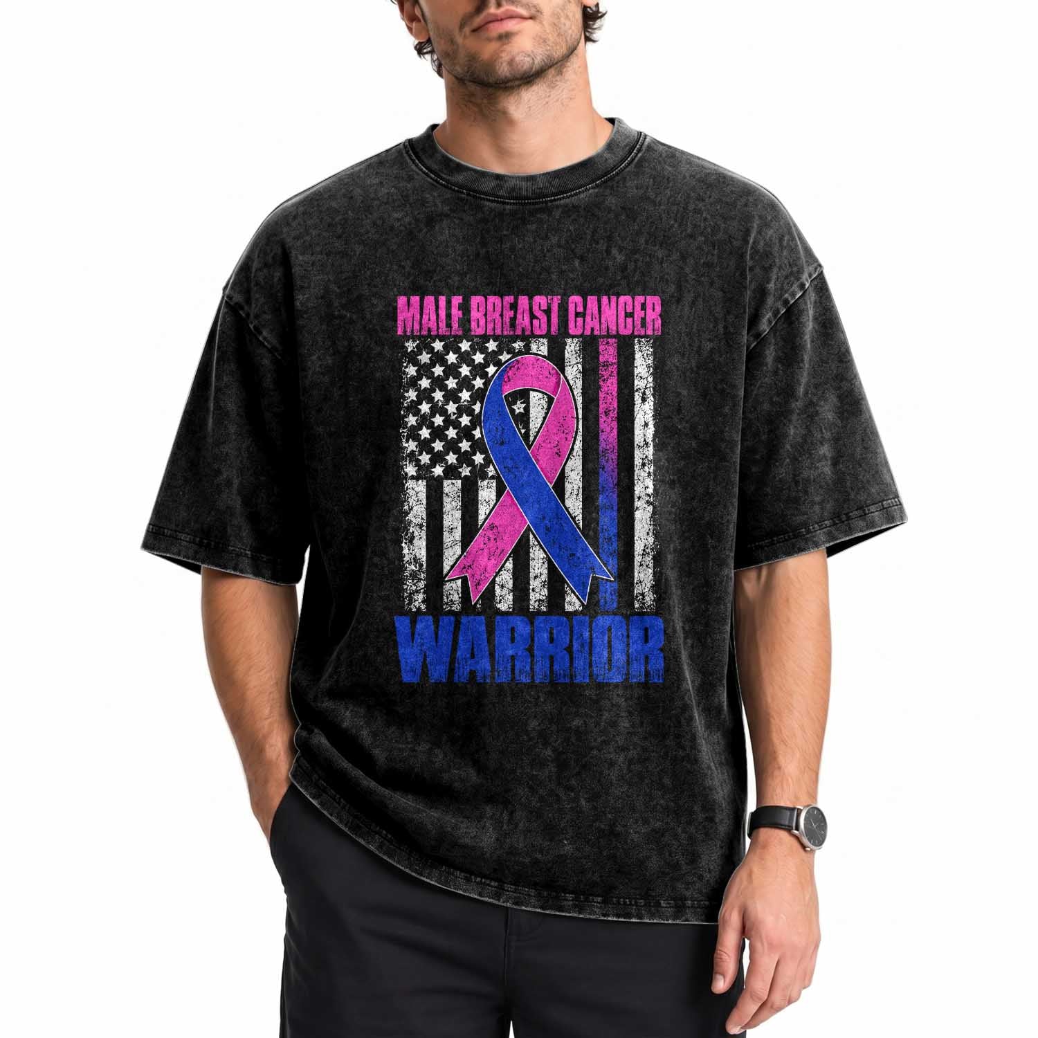 Male Breast Cancer Warrior Washed Cotton T-Shirt Pink Blue Ribbon