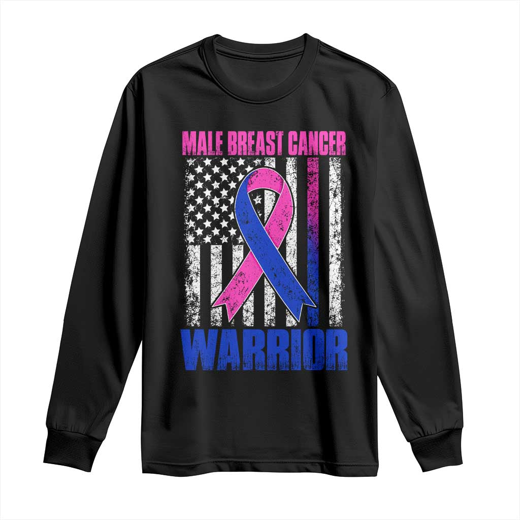 Male Breast Cancer Warrior Long Sleeve Shirt Pink Blue Ribbon