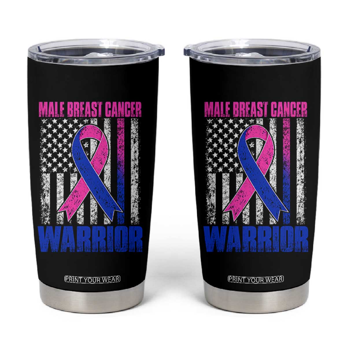 Male Breast Cancer Warrior Tumbler Cup Pink Blue Ribbon