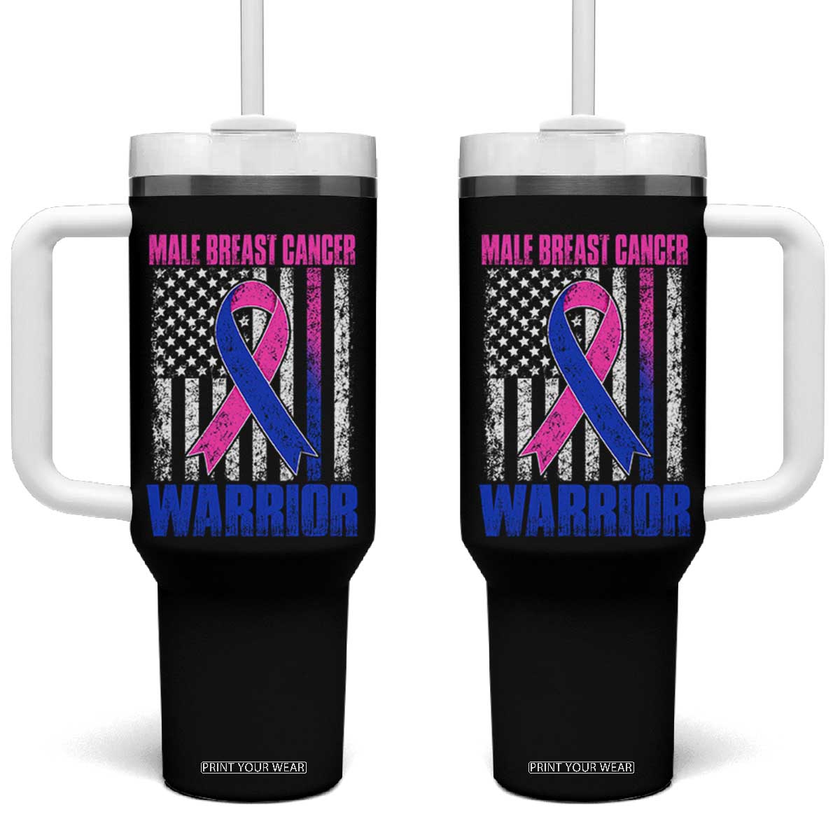Male Breast Cancer Warrior Tumbler With Handle Pink Blue Ribbon