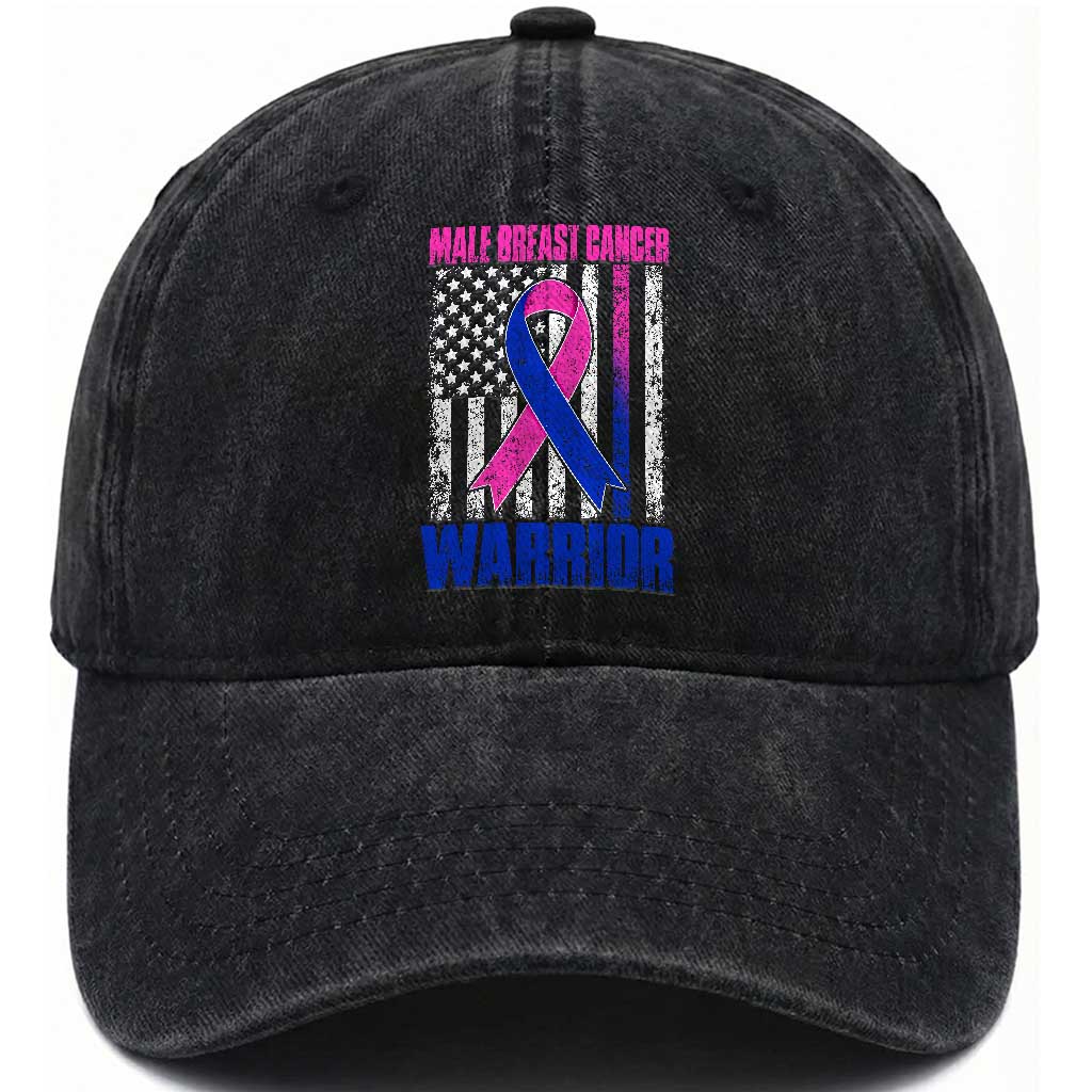 Male Breast Cancer Warrior Washed Cotton Baseball Cap Pink Blue Ribbon