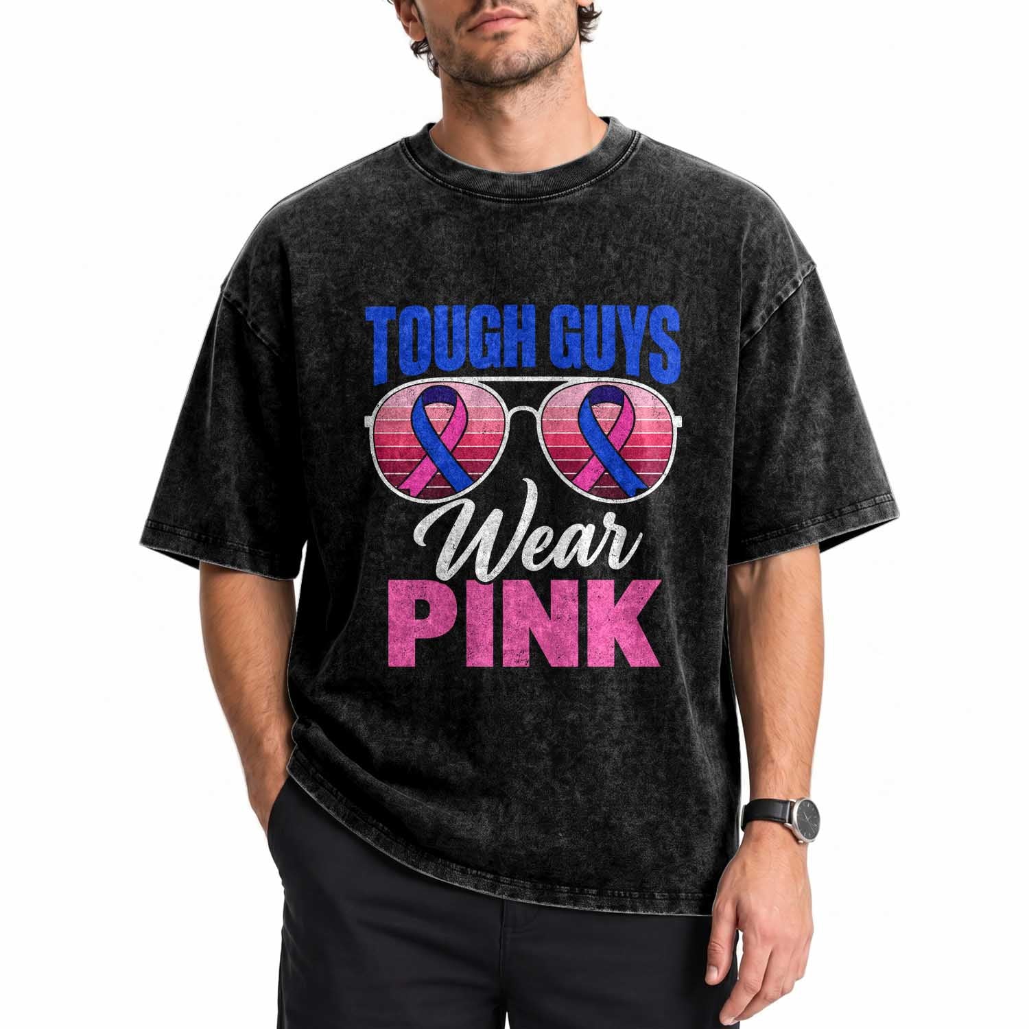 Tough Guys Wear Pink Funny Male Breast Cancer Awareness Washed Cotton T-Shirt Pink And Blue Ribbon Retro Sunglasses