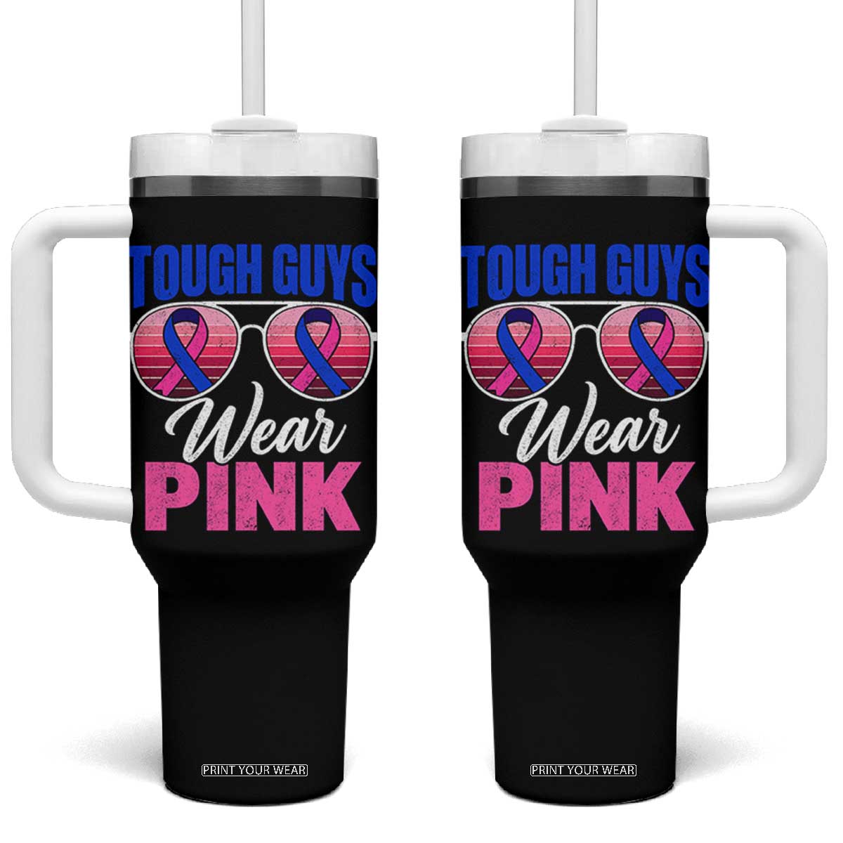 Tough Guys Wear Pink Funny Male Breast Cancer Awareness Tumbler With Handle Pink And Blue Ribbon Retro Sunglasses