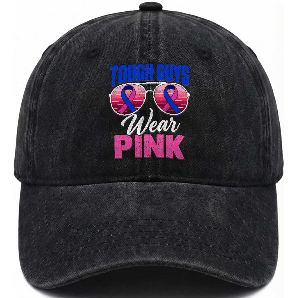 Tough Guys Wear Pink Funny Male Breast Cancer Awareness Washed Cotton Baseball Cap Pink And Blue Ribbon Retro Sunglasses