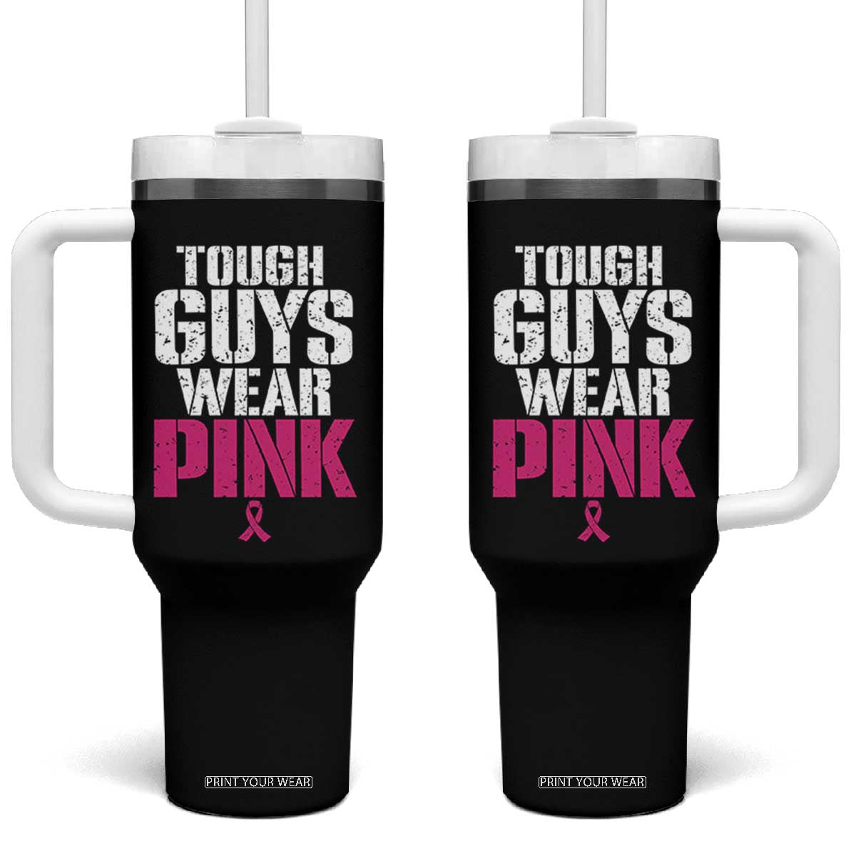Tough Guys Wear Pink Funny Male Breast Cancer Awareness Tumbler With Handle Pink Ribbon Support