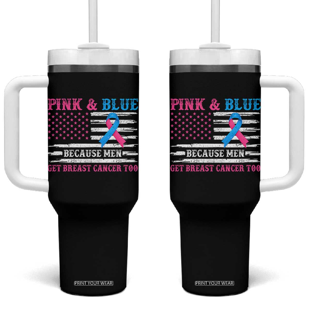Male Breast Cancer Awareness Tumbler With Handle Pink And Blue Because Men Get Breast Cancer Too Distressed American Flag