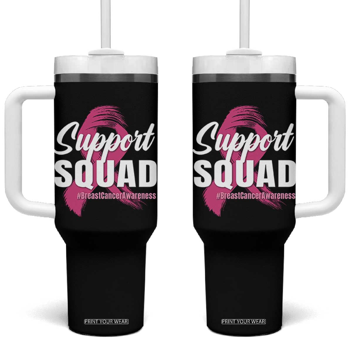 Breast Cancer Awareness Support Squad Tumbler With Handle Pink Ribbon Brushstroke