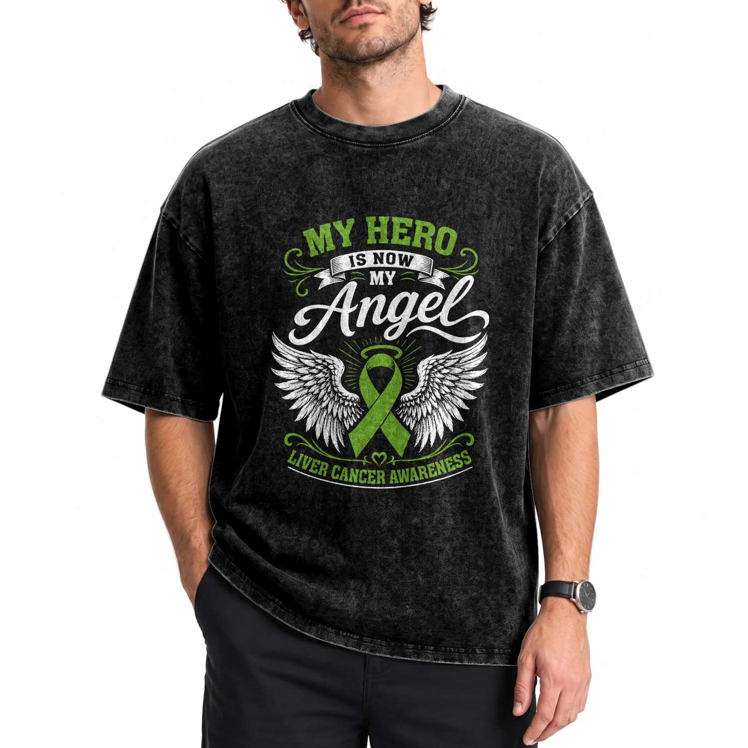 Liver Cancer Awareness Washed Cotton T-Shirt My Hero Is Now My Angel Green Ribbon