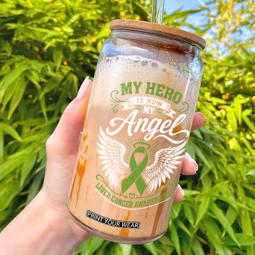 Liver Cancer Awareness Glass Can My Hero Is Now My Angel Green Ribbon