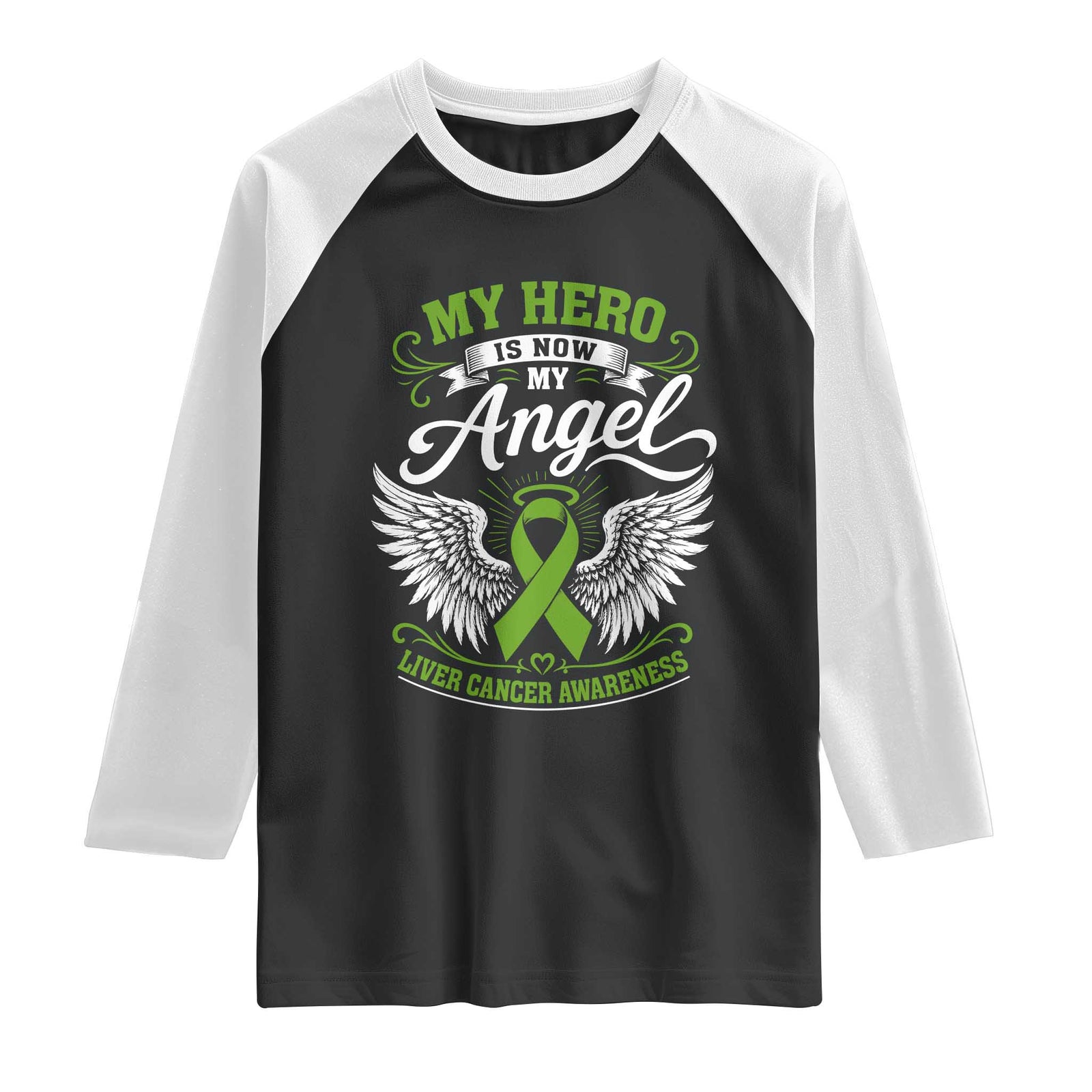 Liver Cancer Awareness Raglan Shirt My Hero Is Now My Angel Green Ribbon