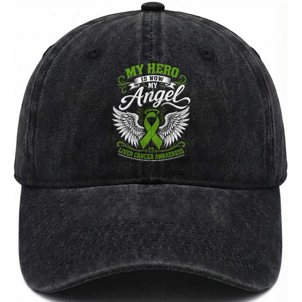 Liver Cancer Awareness Washed Cotton Baseball Cap My Hero Is Now My Angel Green Ribbon
