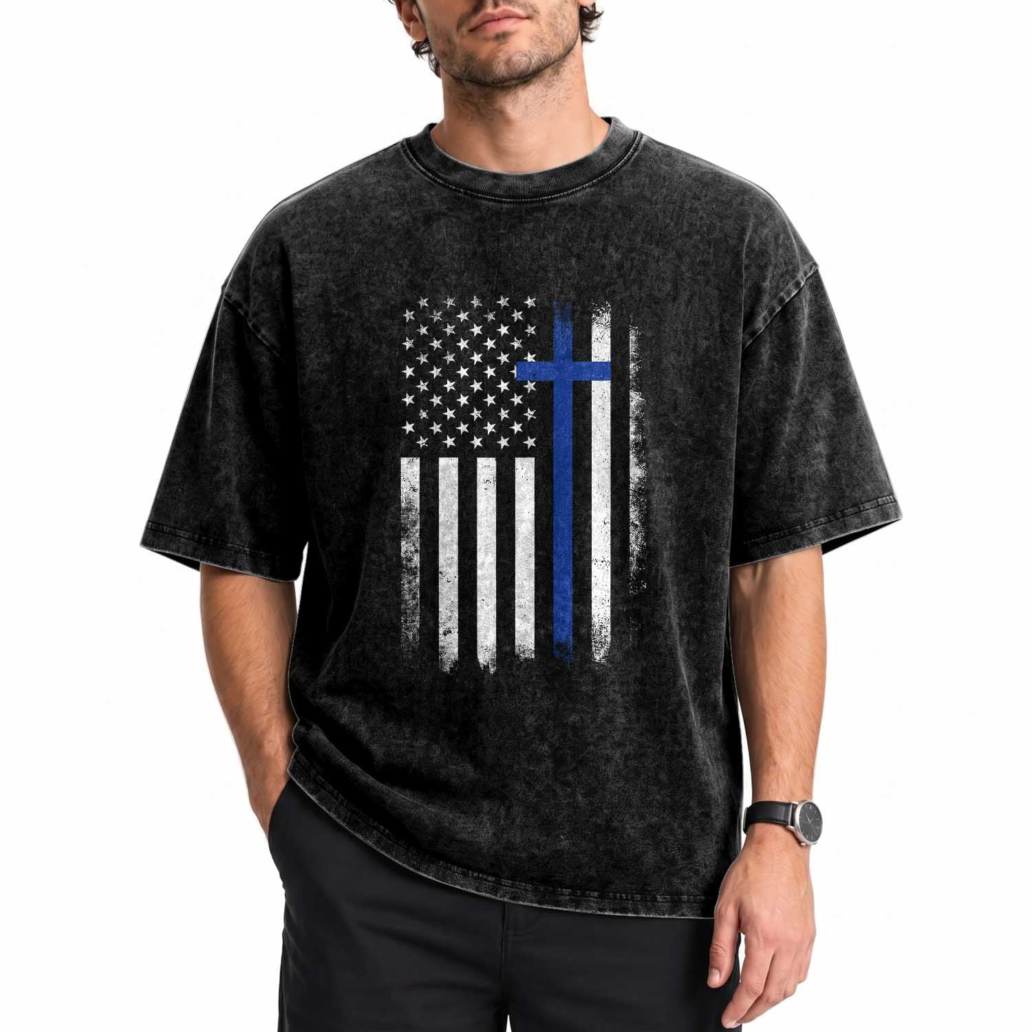 Patriotic Christian Police Vintage American Flag Washed Cotton T-Shirt Proud First Responders