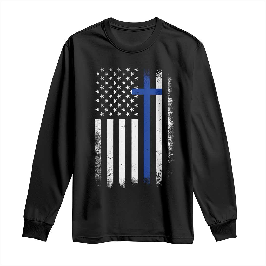 Patriotic Christian Police Vintage American Flag Long Sleeve Shirt Proud First Responders