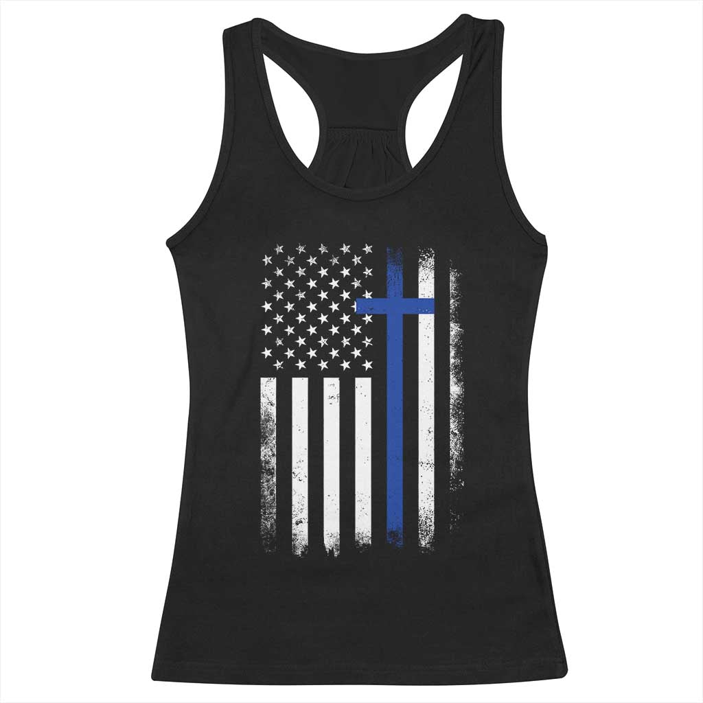 Patriotic Christian Police Vintage American Flag Racerback Tank Top Proud First Responders