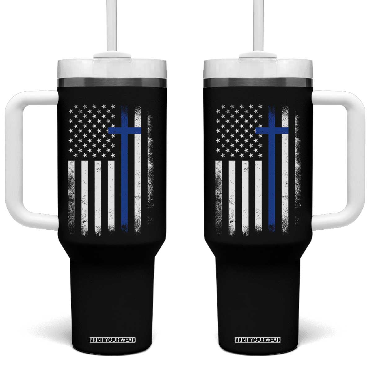 Patriotic Christian Police Vintage American Flag Tumbler With Handle Proud First Responders