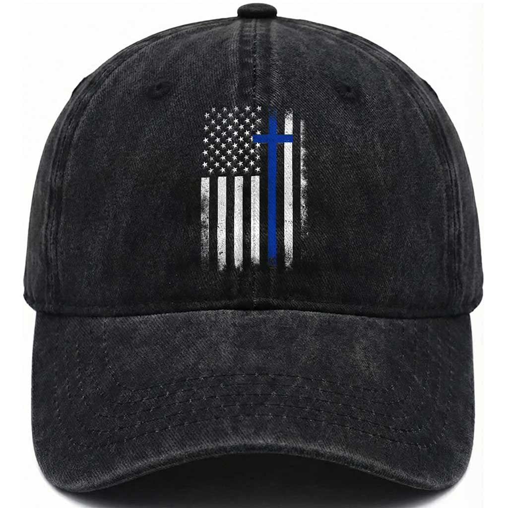 Patriotic Christian Police Vintage American Flag Washed Cotton Baseball Cap Proud First Responders
