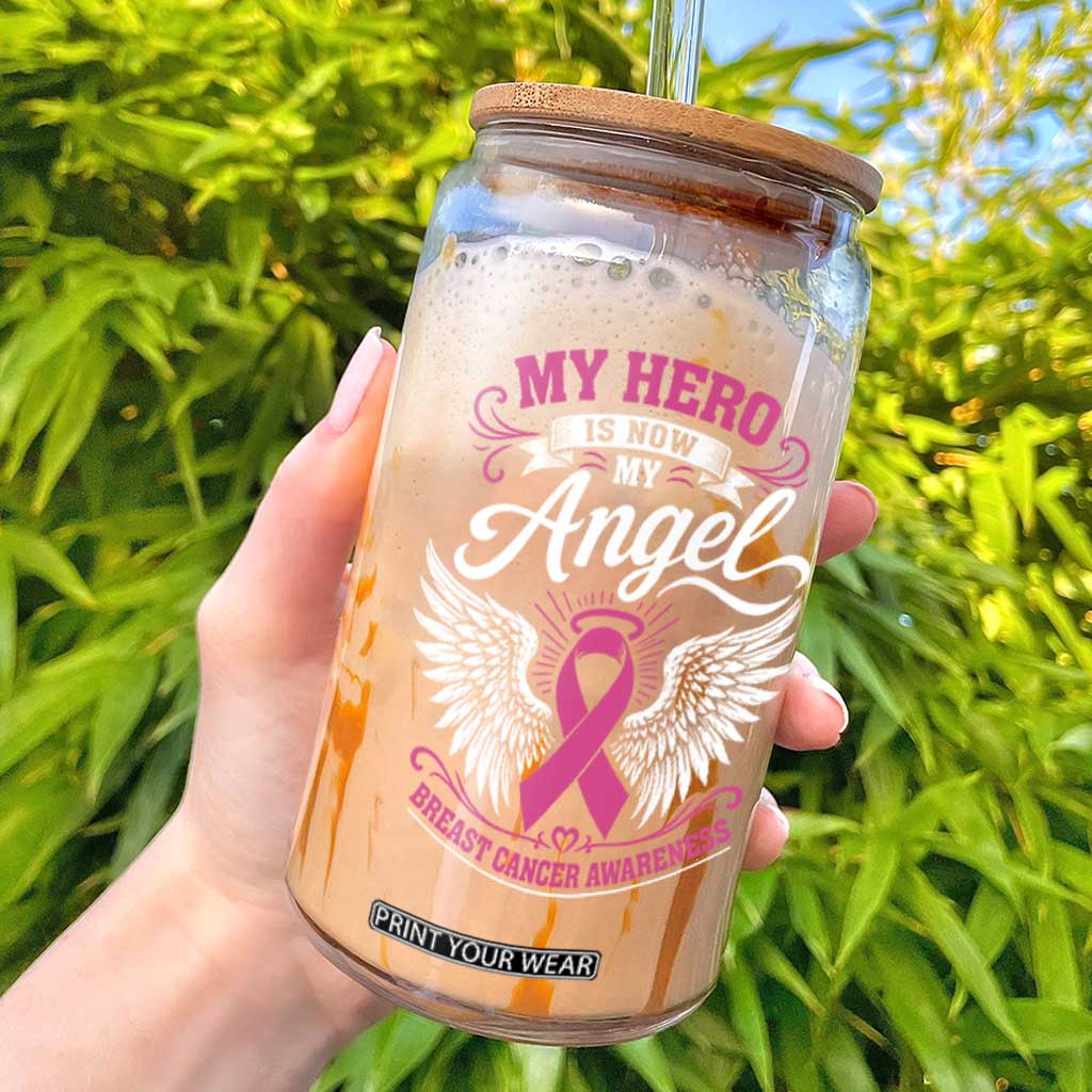 Breast Cancer Awareness Glass Can My Hero Is Now My Angel Pink Ribbon