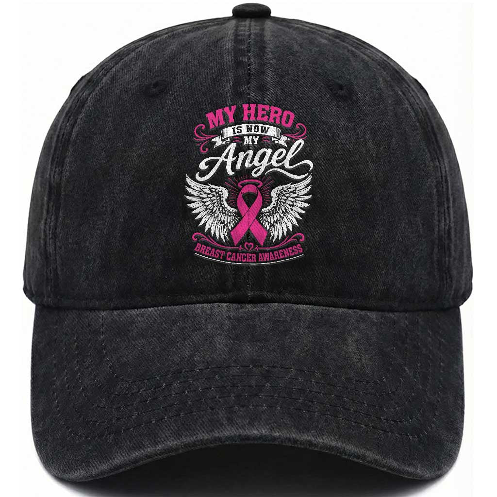 Breast Cancer Awareness Washed Cotton Baseball Cap My Hero Is Now My Angel Pink Ribbon