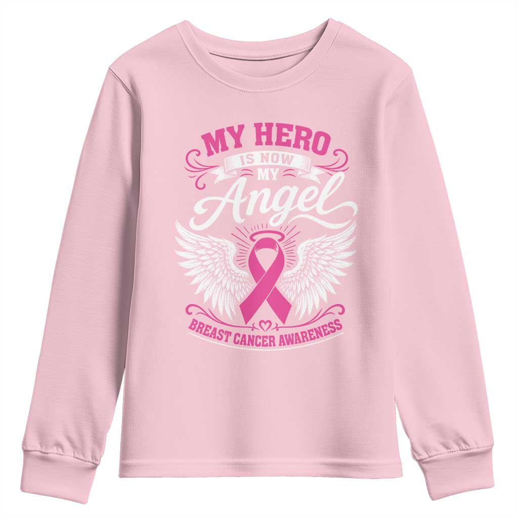 Breast Cancer Awareness Youth Sweatshirt My Hero Is Now My Angel Pink Ribbon
