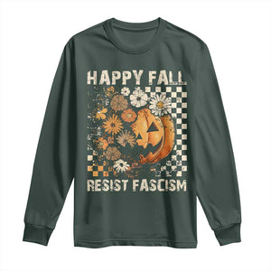 Happy Fall Resist Fascism Long Sleeve Shirt Halloween Fall Pumpkin TS11 Dark Forest Green Print Your Wear
