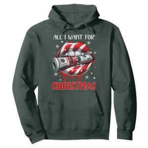Funny All I Want For Christmas Is Money Hoodie Candy Cane Lips TS11 Dark Forest Green Print Your Wear