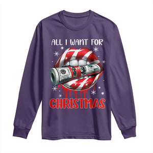 Funny All I Want For Christmas Is Money Long Sleeve Shirt Candy Cane Lips TS11 Purple Print Your Wear