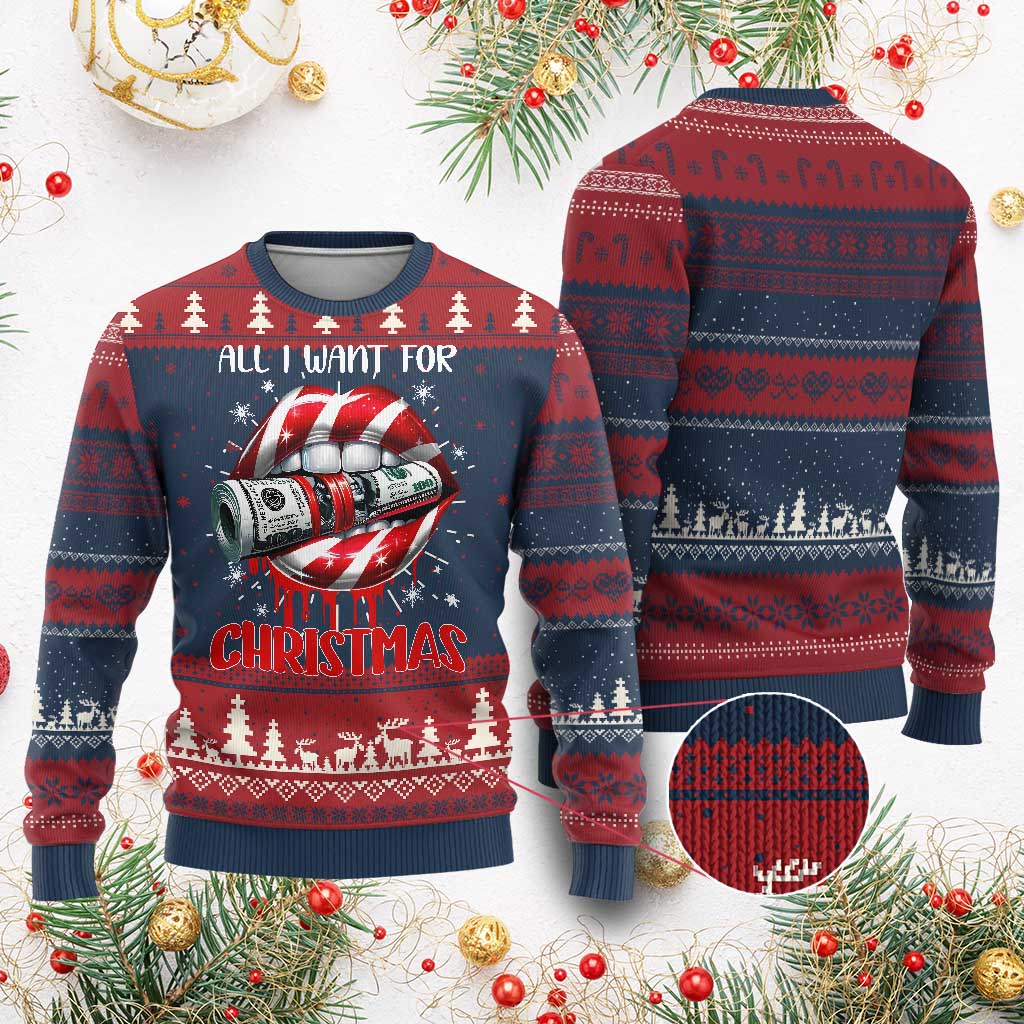 Funny All I Want For Xmas Is Money Ugly Christmas Sweater Candy Cane Lips TS11 Burgundy Print Your Wear