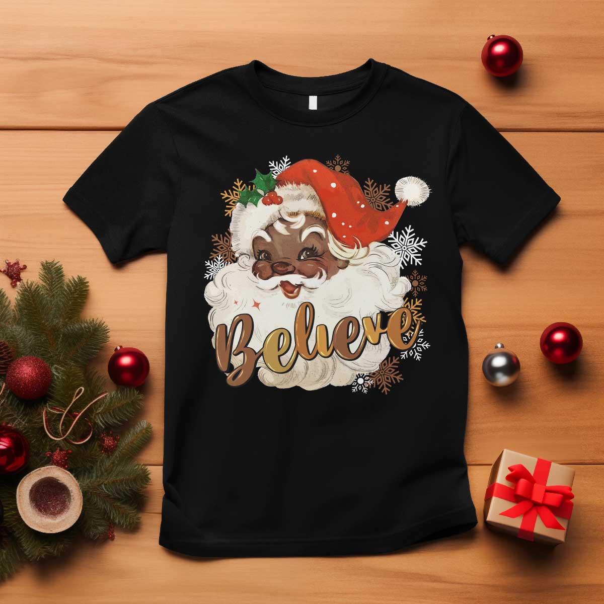 Funny Retro Black Santa Christmas T Shirt Believe African American Xmas TS11 Black Print Your Wear