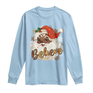 Funny Retro Black Santa Christmas Long Sleeve Shirt Believe African American Xmas TS11 Light Blue Print Your Wear