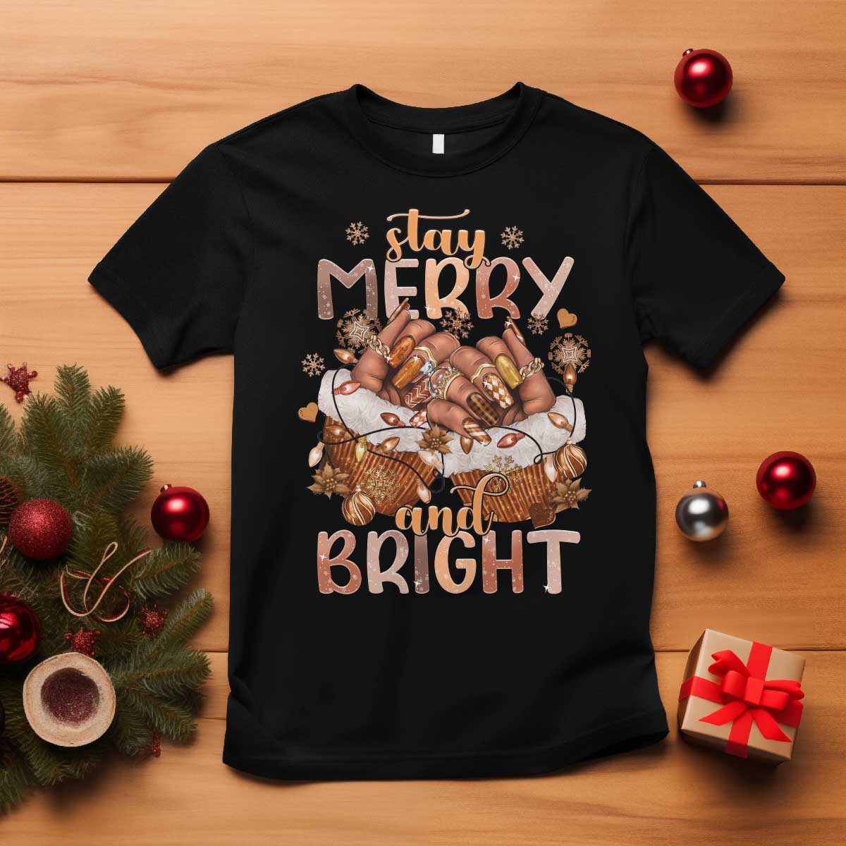 Funny African American Christmas T Shirt Stay Merry And Bright Black Melanin Girl TS11 Black Print Your Wear