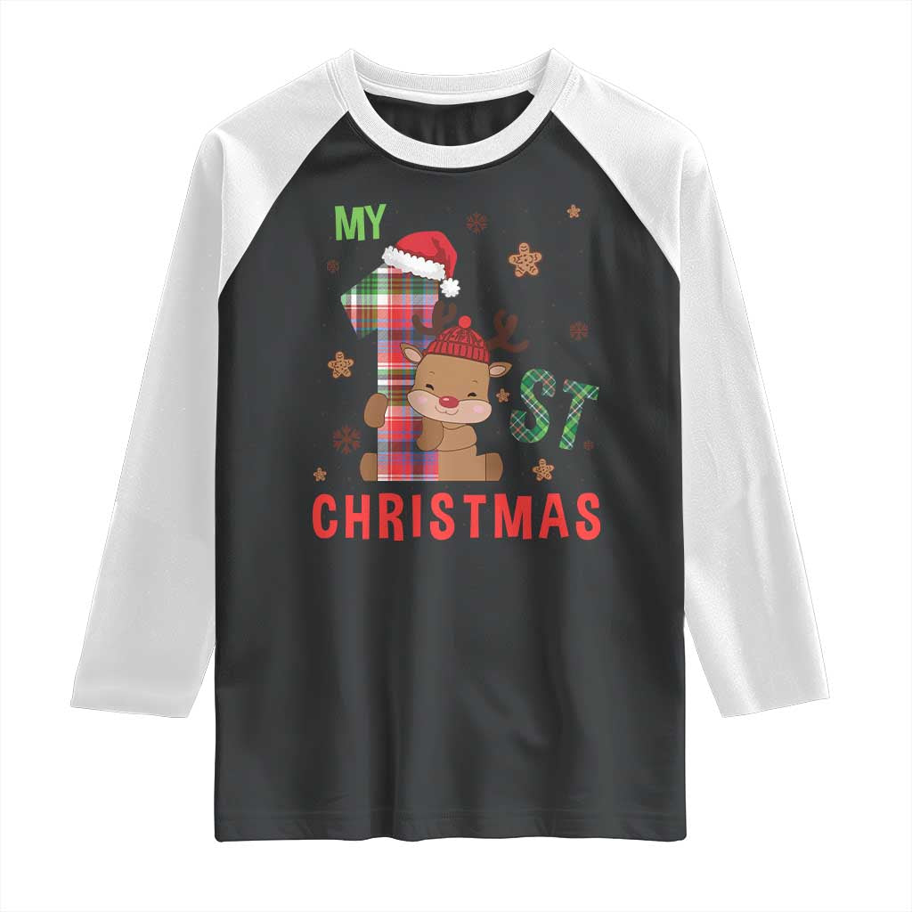 My First Christmas Cute Reindeer Santa Hat Raglan Shirt TS11 Black White Print Your Wear