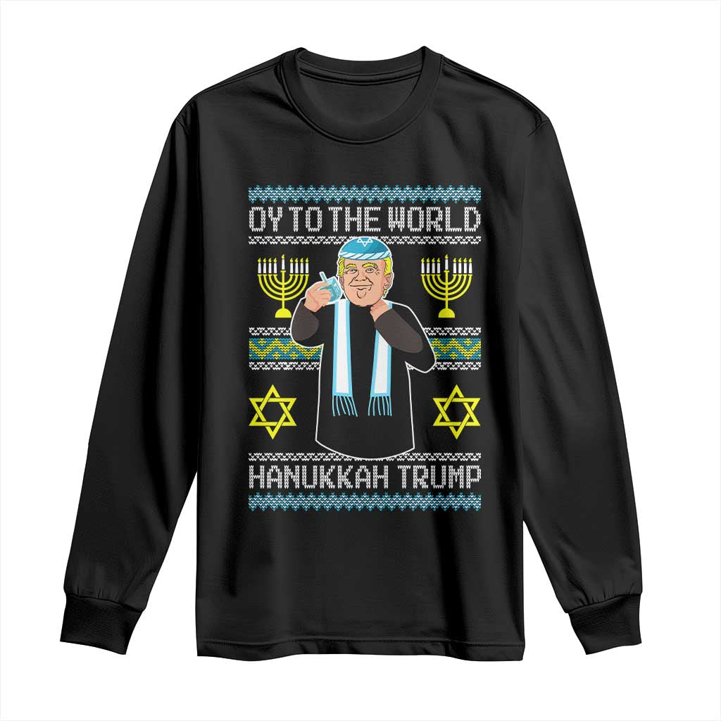 Funny Hanukkah Trump Long Sleeve Shirt Oy To The World Menorah David Stars TS11 Black Print Your Wear